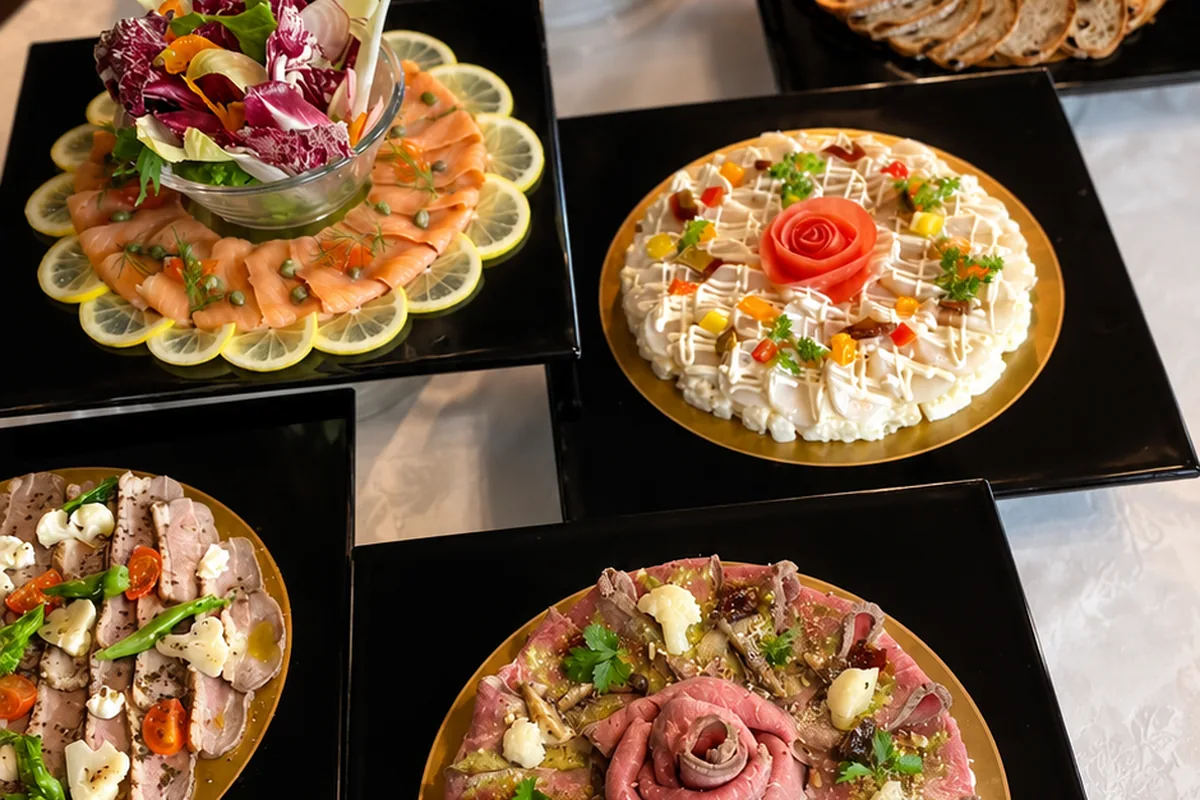 ローストビーフ・スモークサーモンなどを黒皿に盛り込んだパーティー用の料理